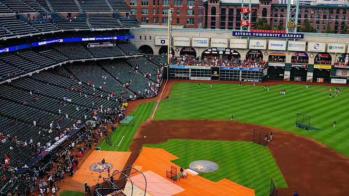 Nov 2, 2021; Houston, TX, USA; A general view of the Houston skyline behind the stadium before game six of the 2021 World Series between the Houston Astros and the Atlanta Braves at Minute Maid Park. Mandatory Credit: Jerry Lai-Imagn Images