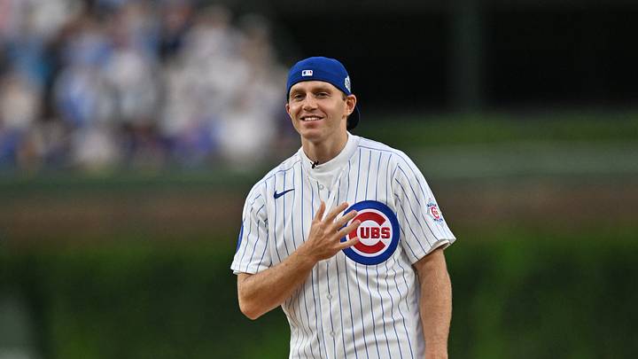 Aug 18, 2026; Chicago, Illinois, USA; Chicago Blackhawks player Patrick Kane throws out a ceremonial first pitch prior to a game between the Chicago Cubs and the Chicago White Sox at Wrigley Field. Mandatory Credit: Patrick Gorski-Imagn Images
