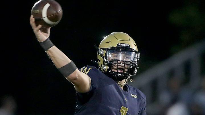 Archbishop Williams’s Hudson Garrity, who has since transferred to Milton Academy, throws a pass during a game against Oliver Ames at the Ted Healy Sports Complex in Braintree on Friday, September 5, 2025. Archbishop Williams would go on to win 24-12.