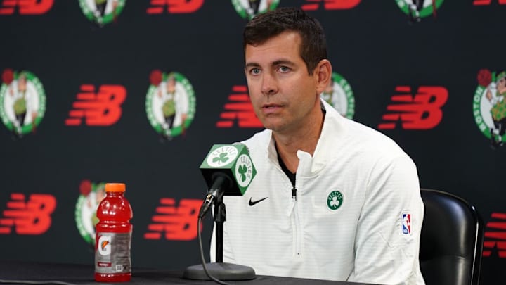 Sep 24, 2024; Boston, MA, USA;  Boston Celtics general manager Brad Stevens talks to reporters during media day at Auerbach Center.