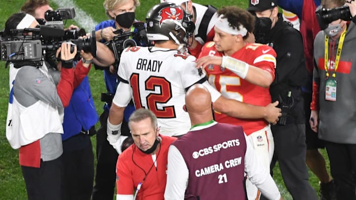 Feb 7, 2021; Tampa, FL, USA; Tampa Bay Buccaneers quarterback Tom Brady (12) greets Kansas City Chiefs quarterback Patrick Mahomes (15) after Super Bowl LV at Raymond James Stadium.  Mandatory Credit: James Lang-USA TODAY Sports