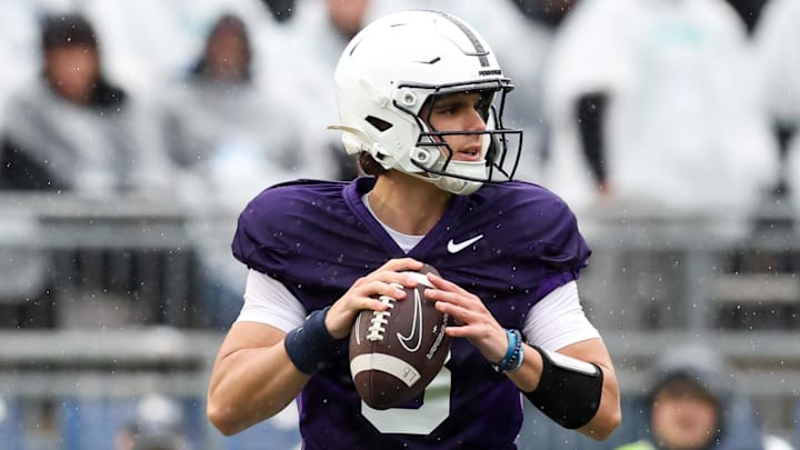 Penn State Nittany Lions quarterback Rocco Becht drops back in the pocket to throw a pass during the Blue-White Spring Practice at Beaver Stadium. 
