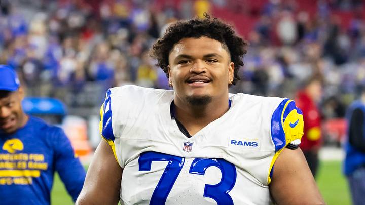 Dec 7, 2025; Glendale, Arizona, USA; Los Angeles Rams  offensive lineman Steve Avila (73) against the Arizona Cardinals at State Farm Stadium. Mandatory Credit: Mark J. Rebilas-Imagn Images