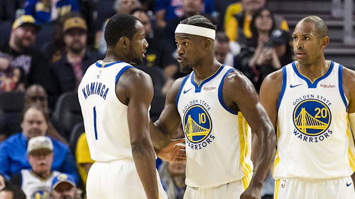 Oct 8, 2025; San Francisco, California, USA; Golden State Warriors forward Jimmy Butler III (10) reacts towards forward Jonathan Kuminga (1) during the second quarter against the Portland Trail Blazers at Chase Center. Mandatory Credit: John Hefti-Imagn Images Oct 8, 2025; San Francisco, California, USA; Golden State Warriors forward Jimmy Butler III (10) reacts towards forward Jonathan Kuminga (1) during the second quarter against the Portland Trail Blazers at Chase Center. Mandatory Credit: John Hefti-Imagn Images