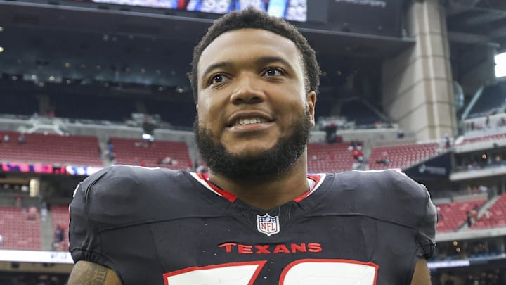 Aug 24, 2024; Houston, Texas, USA; Houston Texans offensive tackle Blake Fisher (57) after the game against the Los Angeles Rams at NRG Stadium. Mandatory Credit: Troy Taormina-Imagn Images
