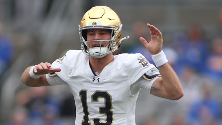 Notre Dame Fighting Irish quarterback CJ Carr (13) calls an audible during the first half against the Pittsburgh Panthers at Acrisure Stadium in Pittsburgh, PA on November 15, 2025. Notre Dame Fighting Irish quarterback CJ Carr (13) calls an audible during the first half against the Pittsburgh Panthers at Acrisure Stadium in Pittsburgh, PA on November 15, 2025.