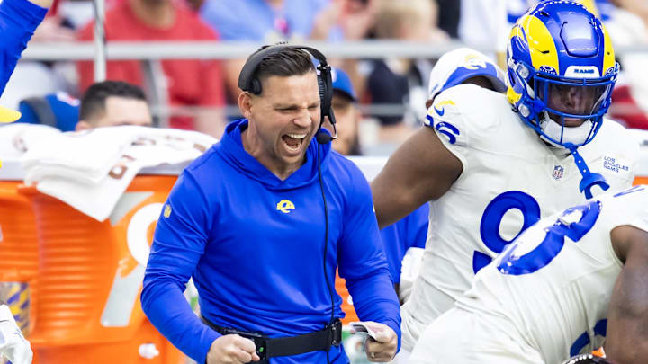 Nov 26, 2023; Glendale, Arizona, USA; Los Angeles Rams pass game coordinator Chris Shula against the Arizona Cardinals at State Farm Stadium. Mandatory Credit: Mark J. Rebilas-Imagn Images