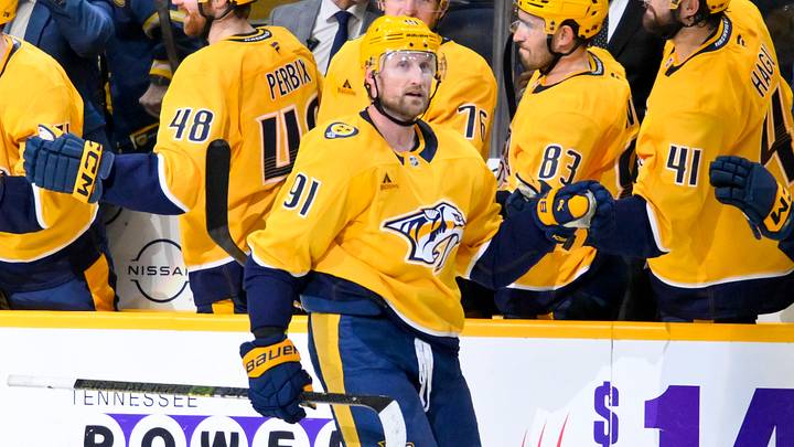 Mar 24, 2026; Nashville, Tennessee, USA; Nashville Predators center Steven Stamkos (91) celebrates with his teammates after scoring a goal against the San Jose Sharks during the second period at Bridgestone Arena. Mandatory Credit: Steve Roberts-Imagn Images Mar 24, 2026; Nashville, Tennessee, USA; Nashville Predators center Steven Stamkos (91) celebrates with his teammates after scoring a goal against the San Jose Sharks during the second period at Bridgestone Arena. Mandatory Credit: Steve Roberts-Imagn Images