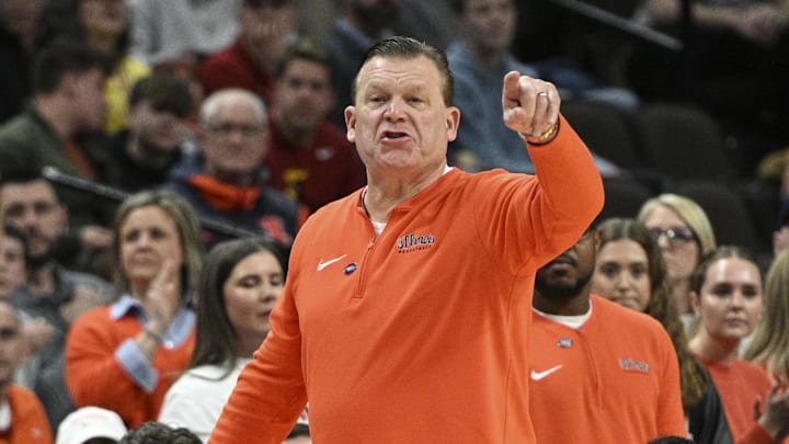 Mar 23, 2024; Omaha, NE, USA; Illinois Fighting Illini head coach Brad Underwood gestures during the first half against the Duquesne Dukes in the second round of the 2024 NCAA Tournament at CHI Health Center Omaha. Mandatory Credit: Steven Branscombe-Imagn Images