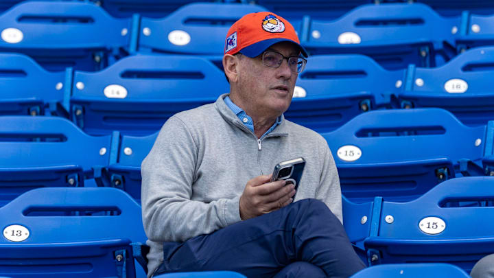 New York Mets owner Steve Cohen sitting in stands during spring training