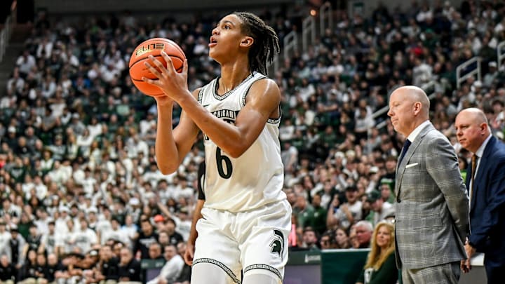 Michigan State's Jordan Scott makes a 3-pointer against UCLA during the first half on Tuesday, Feb. 17, 2026, at the Breslin Center in East Lansing.