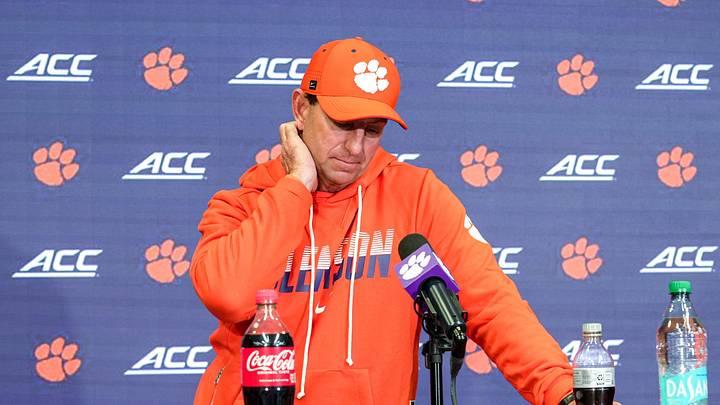 Clemson head coach Dabo Swinney talks with media after a 20-16 loss to Virginia Tech Hokies at Memorial Stadium Saturday, October 24, 2026. Clemson head coach Dabo Swinney talks with media after a 20-16 loss to Virginia Tech Hokies at Memorial Stadium Saturday, October 24, 2026.
