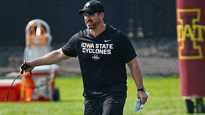 owa State coach Jimmy Rogers reacts during the university’s football open practice at Johnny Majors practice field on August 8, 2026, in Ames, Iowa. owa State coach Jimmy Rogers reacts during the university’s football open practice at Johnny Majors practice field on August 8, 2026, in Ames, Iowa.