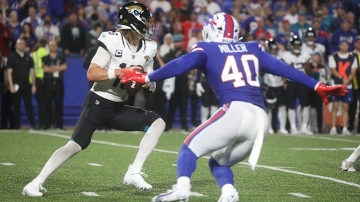 Bills Von Miller heads toward Jaguars quarterback Trevor Lawrence during second half action at Highmark Stadium in Orchard Park on Sept. 23, 2024. Miller had sacked Lawrence in the fourth quarter on a previous play. Bills Von Miller heads toward Jaguars quarterback Trevor Lawrence during second half action at Highmark Stadium in Orchard Park on Sept. 23, 2024. Miller had sacked Lawrence in the fourth quarter on a previous play.