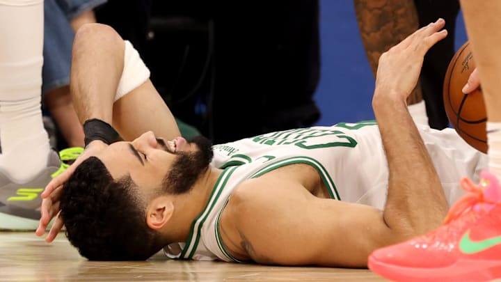 Jan 22, 2025; Inglewood, California, USA; Boston Celtics forward Jayson Tatum (0) reacts after a play during the second quarter against the LA Clippers at Intuit Dome. Mandatory Credit: Jason Parkhurst-Imagn Images