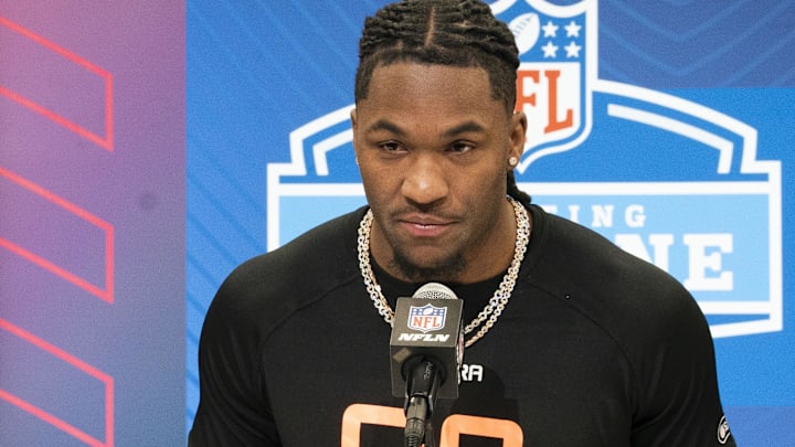 Feb 28, 2025; Indianapolis, IN, USA; Missouri wideout Luther Burden III (WO09) answers questions at a press conference during the 2025 NFL Combine at Indiana Convention Center. Mandatory Credit: Stephanie Amador Blondet-Imagn Images