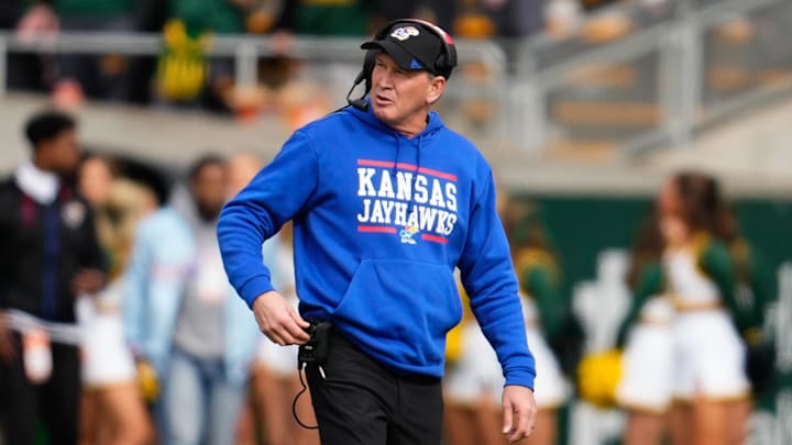 Nov 30, 2024; Waco, Texas, USA;  Kansas Jayhawks head coach Lance Leipold reacts during the first half against the Baylor Bears at McLane Stadium. Mandatory Credit: Chris Jones-Imagn Images