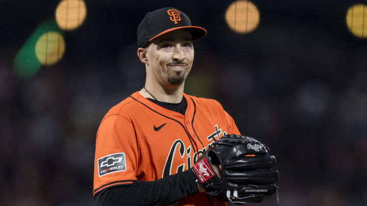 Apr 19, 2024; San Francisco, California, USA;  San Francisco Giants pitcher Blake Snell (7) reacts after walking an Arizona Diamondbacks batter during the fourth inning at Oracle Park.