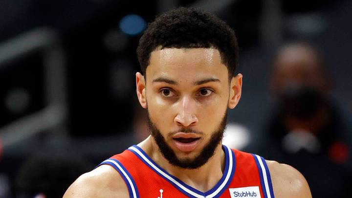 Feb 21, 2021; Tampa, Florida, USA; Philadelphia 76ers guard Ben Simmons (25) looks on against the Toronto Raptors during the first quarter at Amalie Arena. Feb 21, 2021; Tampa, Florida, USA; Philadelphia 76ers guard Ben Simmons (25) looks on against the Toronto Raptors during the first quarter at Amalie Arena.