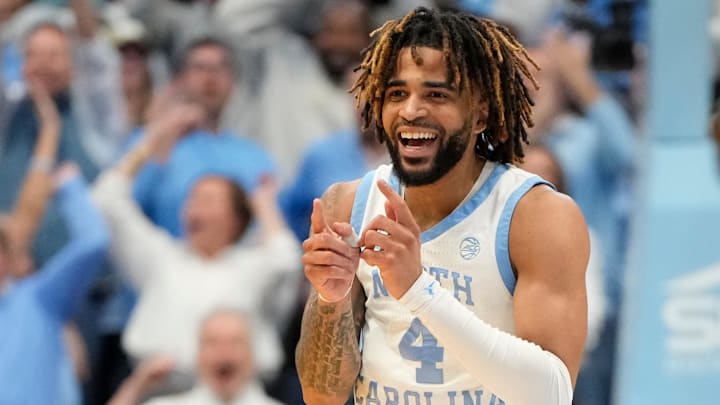 Mar 8, 2025; Chapel Hill, North Carolina, USA; North Carolina Tar Heels guard RJ Davis (4) reacts in the second half at Dean E. Smith Center. Mandatory Credit: Bob Donnan-Imagn Images