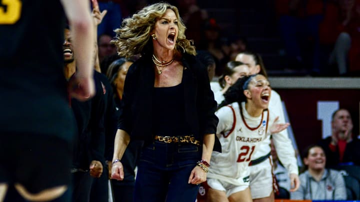 Oklahoma coach Jennie Baranczyk celebrates during the Sooners' win over Idaho in the First Round of the NCAA Tournament at the Lloyd Noble Center.