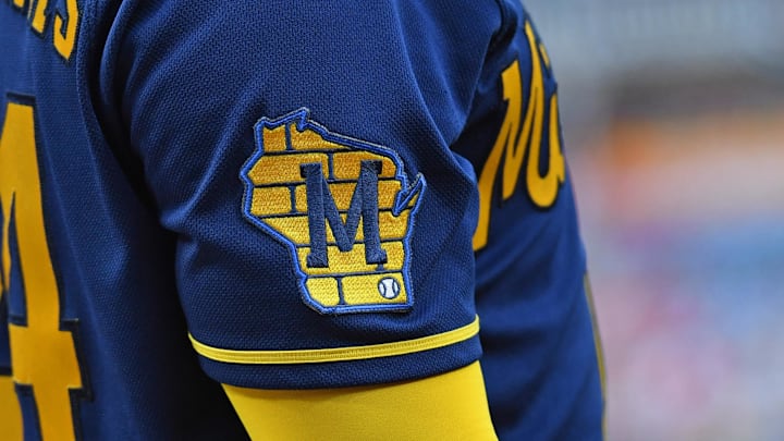 Jul 19, 2023; Philadelphia, Pennsylvania, USA; Milwaukee Brewers logo patch on the jersey of catcher William Contreras (24) against the Philadelphia Phillies  Citizens Bank Park. Mandatory Credit: Eric Hartline-Imagn Images