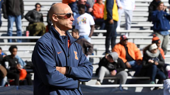Oct 12, 2019; Champaign, IL, USA; Illinois Fighting Illini athletic director Josh Whitman looks on during the fourth quarter of the game against the Michigan Wolverines at Memorial Stadium. Mandatory Credit: Michael Allio-Imagn Images