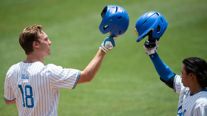 UCLA Bruins outfielder Carson Yates (18) celebrates after hitting a home run as Florida State Seminoles take on UCLA Bruins during the NCAA regional baseball tournament at Plainsman Park in Auburn, Ala., on Friday, June 3, 2022.