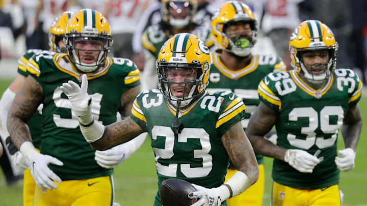Green Bay Packers cornerback Jaire Alexander (23) celebrates a fourth quarter interception against the Tampa Bay Buccaneers during the NFC Championship game on Sunday, January 24, 2021, at Lambeau Field in Green Bay, Wis.
Wm. Glasheen USA TODAY NETWORK-Wisconsin