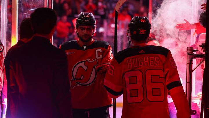 Mar 21, 2024; Newark, New Jersey, USA; New Jersey Devils center Nico Hischier (13) and New Jersey Devils center Jack Hughes (86) fist bump after the Devils win over the Winnipeg Jets at Prudential Center. Mandatory Credit: Ed Mulholland-USA TODAY Sports Mar 21, 2024; Newark, New Jersey, USA; New Jersey Devils center Nico Hischier (13) and New Jersey Devils center Jack Hughes (86) fist bump after the Devils win over the Winnipeg Jets at Prudential Center. Mandatory Credit: Ed Mulholland-USA TODAY Sports