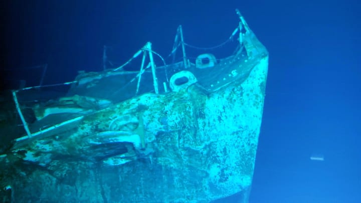 The bow of the USS ‘Samuel B. Roberts,’ lying more than 4 miles under the surface of the Pacific Ocean.
