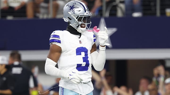 Dallas Cowboys WR George Pickens celebrates after scoring a touchdown in the fourth quarter against the Green Bay Packers.