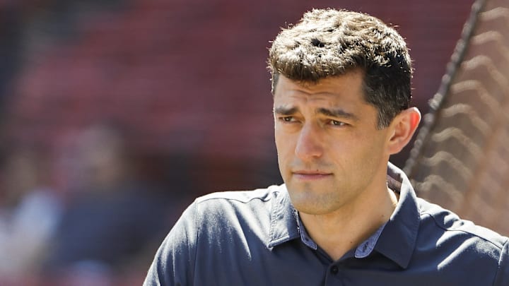 Aug 28, 2022; Boston, Massachusetts, USA; Chaim Bloom, Chief Baseball Officer of the Boston Red Sox on the field before the game between the Boston Red Sox and the Tampa Bay Rays at Fenway Park. Mandatory Credit: Winslow Townson-Imagn Images