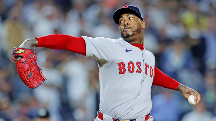 Sep 30, 2025; Bronx, New York, USA; Boston Red Sox pitcher Aroldis Chapman (44) relief pitcher throws a pitch during the eighth inning against the New York Yankees during game one of the Wildcard round for the 2025 MLB playoffs at Yankee Stadium. Mandatory Credit: Brad Penner-Imagn Images Sep 30, 2025; Bronx, New York, USA; Boston Red Sox pitcher Aroldis Chapman (44) relief pitcher throws a pitch during the eighth inning against the New York Yankees during game one of the Wildcard round for the 2025 MLB playoffs at Yankee Stadium. Mandatory Credit: Brad Penner-Imagn Images