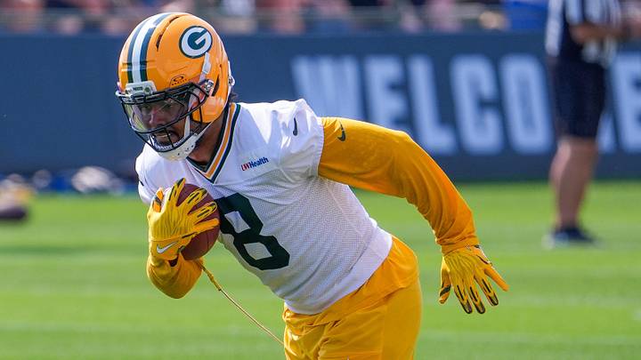 Green Bay Packers running back Josh Jacobs (8) runs through a drill during the second day of training camp Thursday, July 30, 2026, at the Don Hutson Center in Ashwaubenon, Wisconsin. Green Bay Packers running back Josh Jacobs (8) runs through a drill during the second day of training camp Thursday, July 30, 2026, at the Don Hutson Center in Ashwaubenon, Wisconsin.