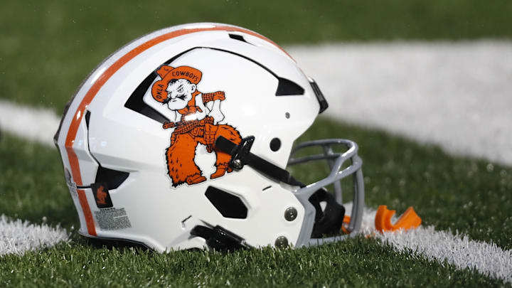 Oct 28, 2023; Stillwater, Oklahoma, USA; An Oklahoma State helmet is seen before a game between the Oklahoma State Cowboys and the Cincinnati Bearcats at Boone Pickens Stadium. Mandatory Credit: Bryan Terry-Imagn Images