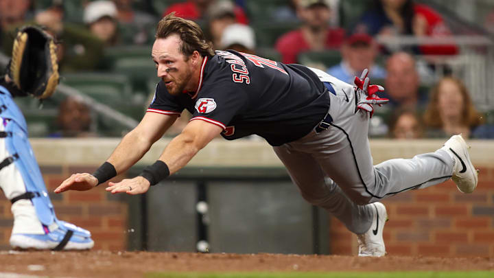 Apr 11, 2026; Atlanta, Georgia, USA; Cleveland Guardians second baseman Daniel Schneemann (10) scores a run against the Atlanta Braves in the eighth inning at Truist Park. Mandatory Credit: Brett Davis-Imagn Images