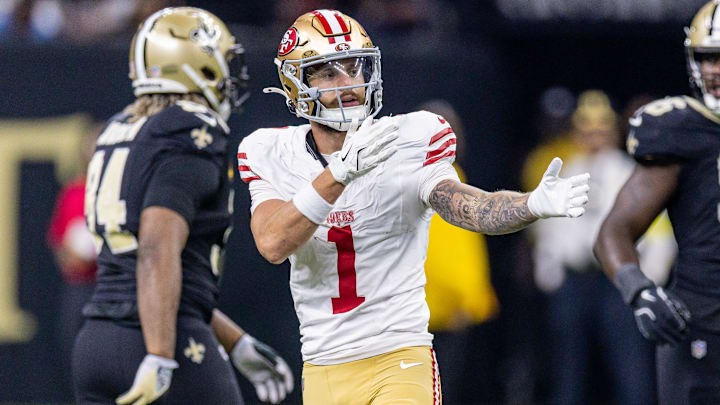 Sep 14, 2025; New Orleans, Louisiana, USA; San Francisco 49ers wide receiver Ricky Pearsall (1) reacts to making a first down against New Orleans Saints defensive end Cameron Jordan (94) during the first half at Caesars Superdome. Sep 14, 2025; New Orleans, Louisiana, USA; San Francisco 49ers wide receiver Ricky Pearsall (1) reacts to making a first down against New Orleans Saints defensive end Cameron Jordan (94) during the first half at Caesars Superdome.