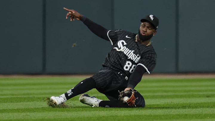 Chicago White Sox outfielder Luis Robert Jr. (88) catches a fly ball hit by Chicago Cubs outfielder Pete Crow-Armstrong during the sixth inning at Guaranteed Rate Field. 