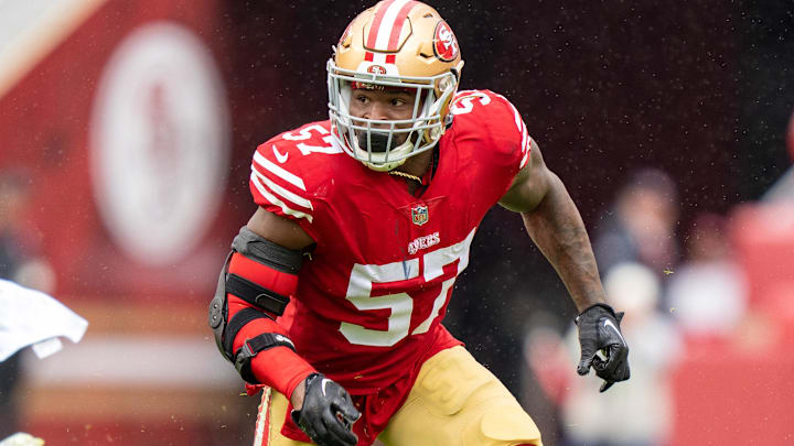 September 18, 2022; Santa Clara, California, USA; San Francisco 49ers linebacker Dre Greenlaw (57) during the third quarter against the Seattle Seahawks at Levi's Stadium. Mandatory Credit: Kyle Terada-Imagn Images September 18, 2022; Santa Clara, California, USA; San Francisco 49ers linebacker Dre Greenlaw (57) during the third quarter against the Seattle Seahawks at Levi's Stadium. Mandatory Credit: Kyle Terada-Imagn Images