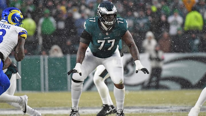 Jan 19, 2025; Philadelphia, Pennsylvania, USA; Philadelphia Eagles offensive tackle Mekhi Becton (77) against the Philadelphia Eagles in a 2025 NFC divisional round game at Lincoln Financial Field. Mandatory Credit: Eric Hartline-Imagn Images