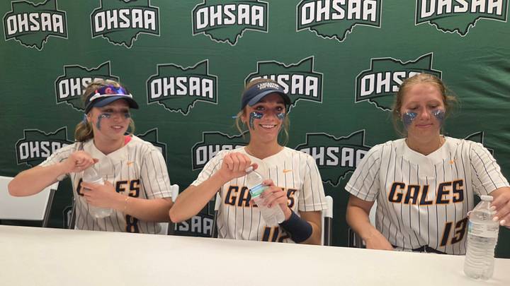 Lancaster pitcher Kileigh Rohr (middle), along with teammates Mia Griggs (left) and Kendall Brown (right) prepare to meet with media after defeating Austintown-Fitch 4-0 in the OHSAA Division I softball state semifinals at Akron's Firestone Stadium on Wednesday, June 3, 2026. 