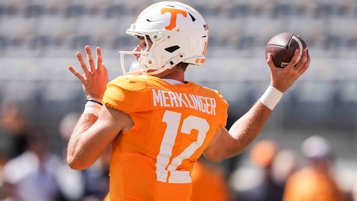 Tennessee quarterback Jake Merklinger (12) throws the ball before a NCAA football game between Tennessee and UAB at Neyland Stadium in Knoxville, Tenn., September 20, 2025.