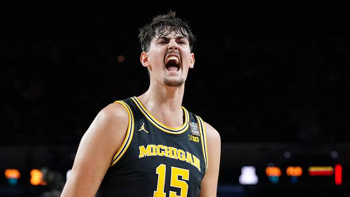 Apr 4, 2026; Indianapolis, IN, USA; Michigan Wolverines center Aday Mara (15) reacts after a play against the Arizona Wildcats during the first half in a semifinal of the Final Four of the men's 2026 NCAA Tournament at Lucas Oil Stadium. Mandatory Credit: Bob Donnan-Imagn Images Apr 4, 2026; Indianapolis, IN, USA; Michigan Wolverines center Aday Mara (15) reacts after a play against the Arizona Wildcats during the first half in a semifinal of the Final Four of the men's 2026 NCAA Tournament at Lucas Oil Stadium. Mandatory Credit: Bob Donnan-Imagn Images