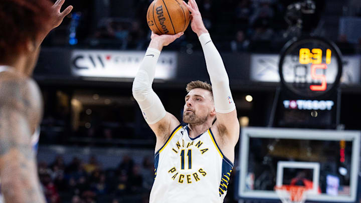 Feb 24, 2026; Indianapolis, Indiana, USA;  Indiana Pacers center Micah Potter (11) shoots the ball  in the first half against the Philadelphia 76ers at Gainbridge Fieldhouse. Mandatory Credit: Trevor Ruszkowski-Imagn Images