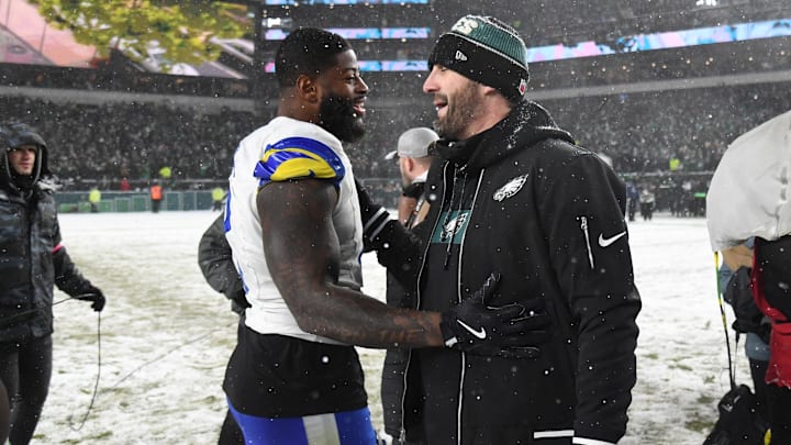 Jan 19, 2025; Philadelphia, Pennsylvania, USA; Los Angeles Rams linebacker Jared Verse (8) greets Philadelphia Eagles head coach Nick Sirianni (right) after the 2025 NFC divisional round game at Lincoln Financial Field. Mandatory Credit: Eric Hartline-Imagn Images