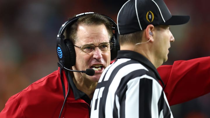 Jan 19, 2026; Miami Gardens, FL, USA; Indiana Hoosiers head coach Curt Cignetti reacts against the Miami Hurricanes in the first half during the College Football Playoff National Championship game at Hard Rock Stadium. Mandatory Credit: Mark J. Rebilas-Imagn Images
