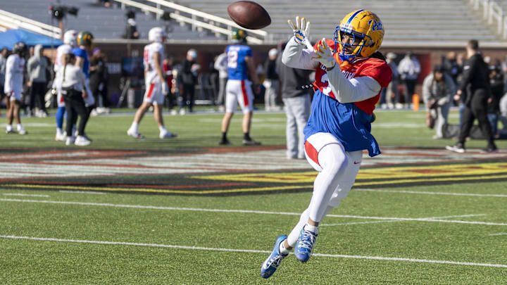 National Team linebacker Kyle Louis (31) of Pittsburgh practices during National Senior Bowl practice at Hancock Whitney Stadium.