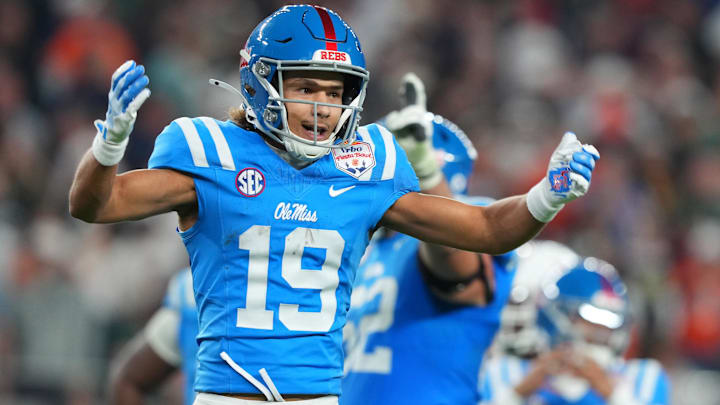 Jan 8, 2026; Glendale, AZ, USA; Mississippi Rebels wide receiver Cayden Lee (19) reacts in the second half during the 2026 Fiesta Bowl and semifinal game of the College Football Playoff at State Farm Stadium. Mandatory Credit: Joe Camporeale-Imagn Images