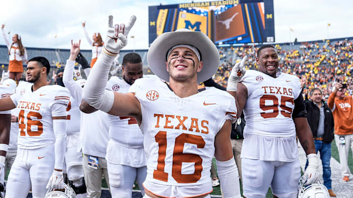 Texas safety Michael Taaffe and fellow Longhorns celebrate 31-12 win over Michigan at Michigan Stadium in Ann Arbor on Saturday, September 7, 2024.